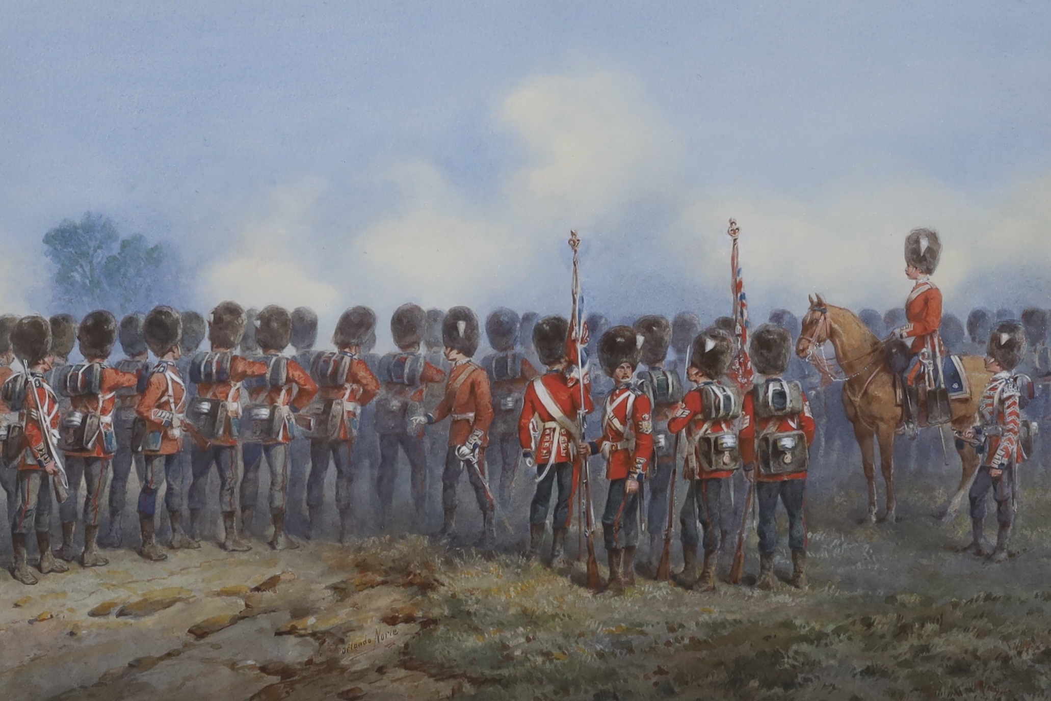 Orlando Norie (1832-1901), watercolour, ‘’Field Day, Dublin 1857 The Grenadier Guards under command of Colonel Hon. Robert Bruce’’, signed, 33 x 48cm